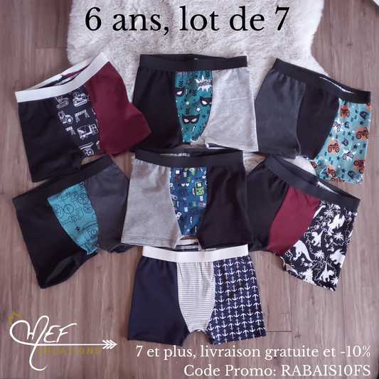 Boxers enfants 6 ans, lot de 7, prêt-à-partir : un CAMION MEF, un superhero MEF, un 4 roues MEF, un tuyau, un jeu vidéo MEF, un dino MEF et un ancre