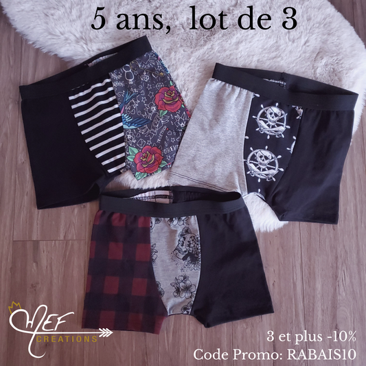 Boxers enfants 5 ans, lot de 3, prêt-à-partir : un tattoo, un pirate et un crâne fleuris