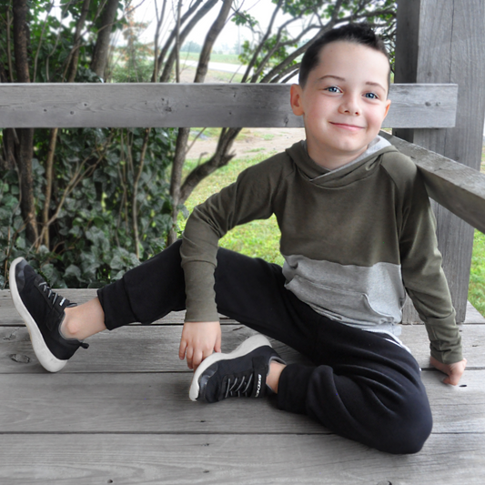Hoodie bicolore kaki chiné et gris chiné pour bébé et enfants