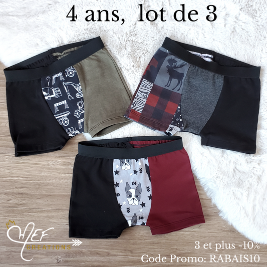 Boxers enfants 4 ans, lot de 3, prêt-à-partir : camions constructions, plaid et chiens