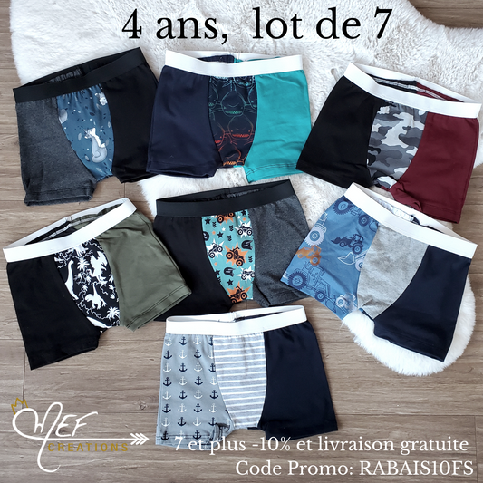 Boxers enfants 4 ans, lot de 7, prêt-à-partir : requin dégradé couleur, renard, camouflage, dino noir et blanc, 4 roues, ancre et tracteurs marine