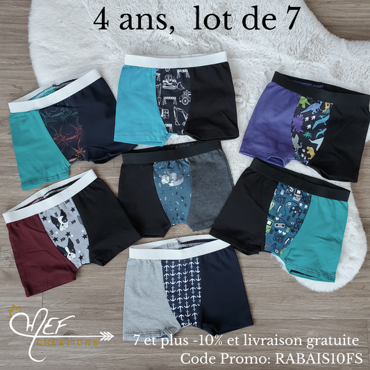 Boxers enfants 4 ans, lot de 7, prêt-à-partir : requin dégradé couleur, camions constructions, chiens, ancre, jeux vidéo, dino coloré et renard dort