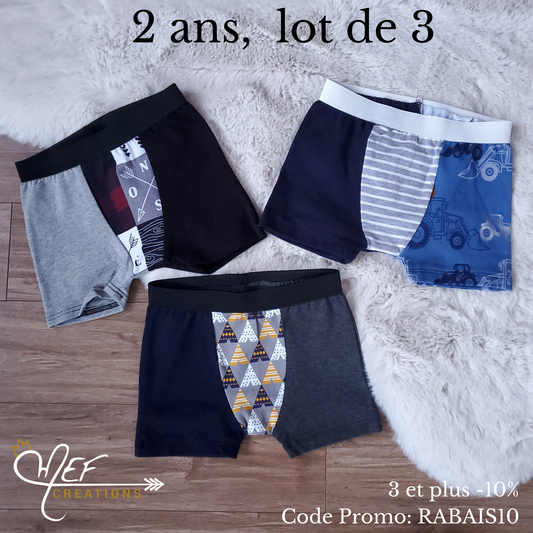 Boxers enfants 2 ans, lot de 3, prêt-à-partir : Plaid, tracteurs marine et tipis