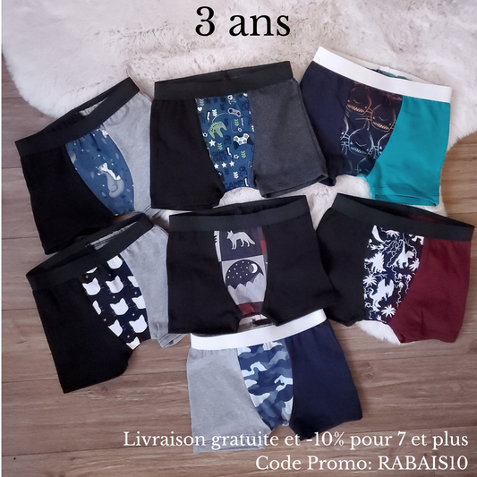 Boxers enfants 3 ans, lot de 7, prêt-à-partir : renard, jeux vidéo, requins dégradé, chat noir, plaid, dinosaures et camouflage marine