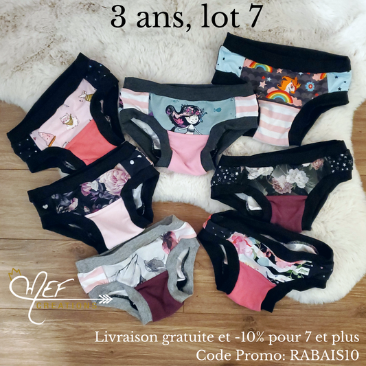 Culottes enfants 3 ans, lot de 7, prêt-à-partir : chat lunette,sirène,licorne flash,fleuris mauve, fleuris géométrique,fleuris gris,fleuris rayés