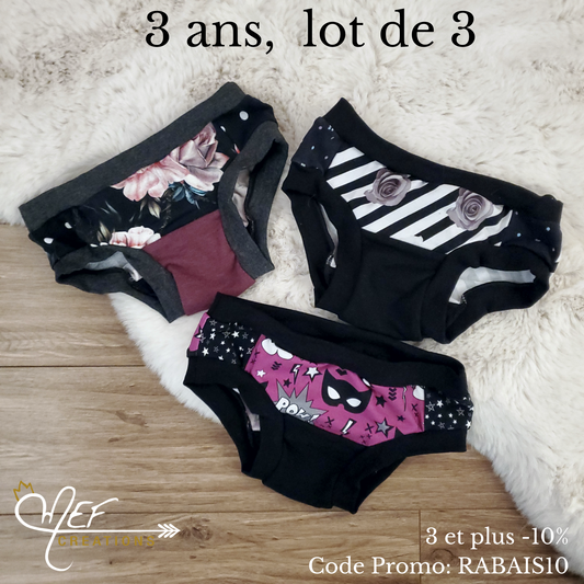 Culottes filles 3 ans, lot de 3, prêt-à-partir : fleuris bourgogne, fleuris rayés et superhéro