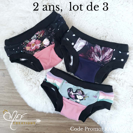 Culottes fille 2 ans, lot de 3, prêt-à-partir :  fleuris fond coloré, sirène et fleuris mauve