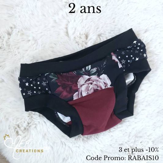 Culotte fille 2 ans, prêt-à-partir, fleuris bourgogne