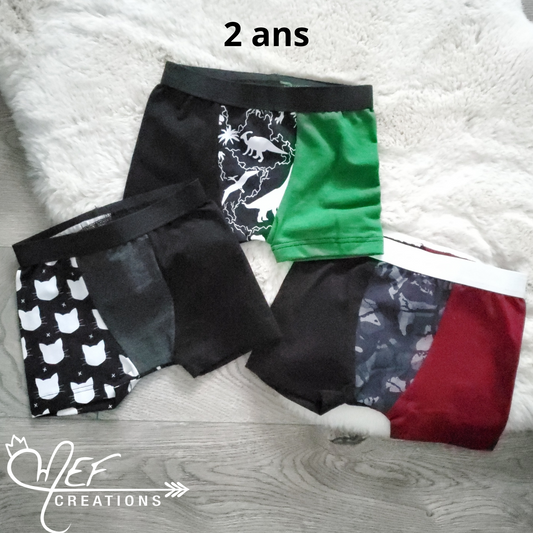 Boxers enfants 2 ans, lot de 3, prêt-à-partir : dinosaures vert, chats et camouflage