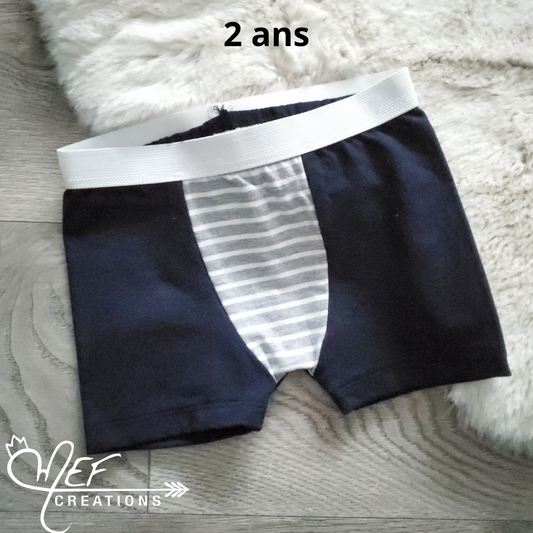 Boxer enfant 2 ans, prêt-à-partir, marine et rayure blanc et gris pâle