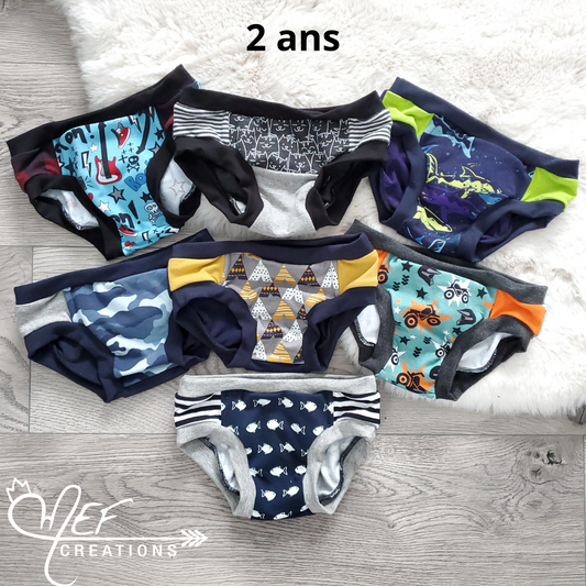 Culottes garçon 2 ans, lot de 7, prêt-à-partir : gyitares, chat gris, requin, camouflage, tipis, 4 roues, poissons