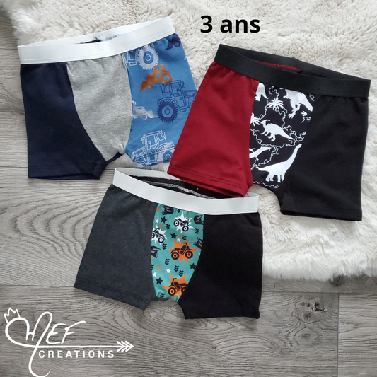 Boxers enfants 3 ans, lot de 3, prêt-à-partir : tracteur, dinosaures et bourgogne, 4 roues