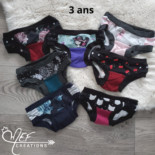 Culottes enfants 3 ans, lot de 7, prêt-à-partir : fleuris bourgogne, sirène, fleuris vingtage, fleuris mef, cerise, fleuris marine, chat
