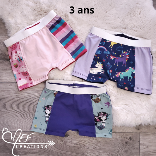 Sous-vêtements filles, boxers 3 ans, lot de 3, prêt-à-partir : licorne et lilas, cupcake, sirène