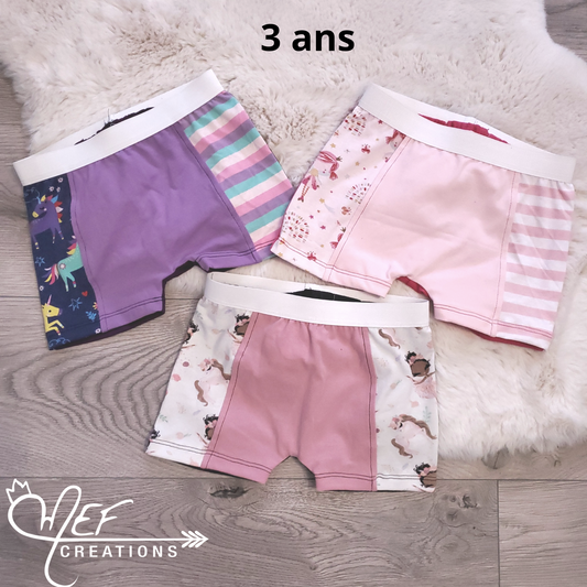 Sous-vêtements filles, boxers 3 ans, lot de 3, prêt-à-partir : licorne et mauve et rayé, fée et ballerine