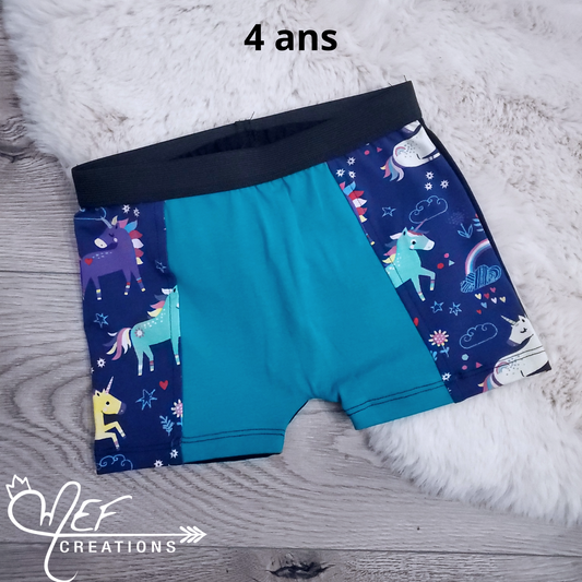 Boxer fille enfant 4 ans, prêt-à-partir, licorne et aqua
