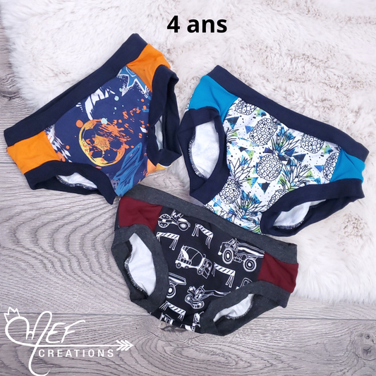 Culottes enfants 4 ans, lot de 3, prêt-à-partir : soccer, ananas, camions