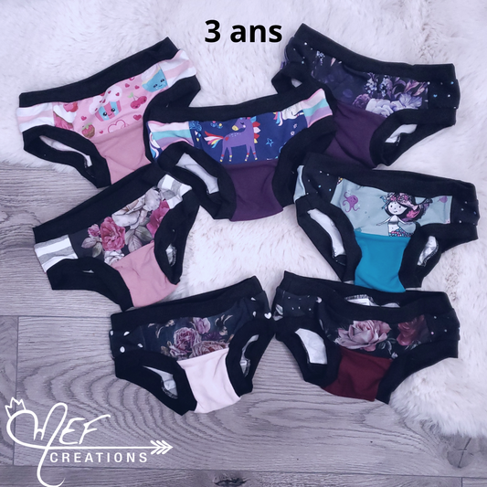 Culottes enfants 3 ans, lot de 7, prêt-à-partir : cupcake, licorne mauve, fleuris mauve, fleuris rosé, sirène, fleuris jeans, fleuris bourgogne