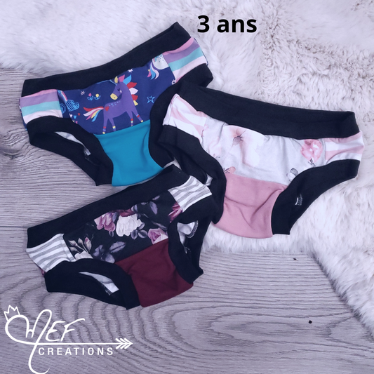 Culottes enfants 3 ans, lot de 3, prêt-à-partir : licorne , fleuris gris, fleuris mauve