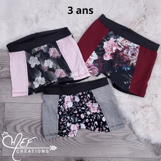 Sous-vêtements filles, boxers 3 ans, lot de 3, prêt-à-partir : fleuris géométrique, fleuris plage, mini-fleuris