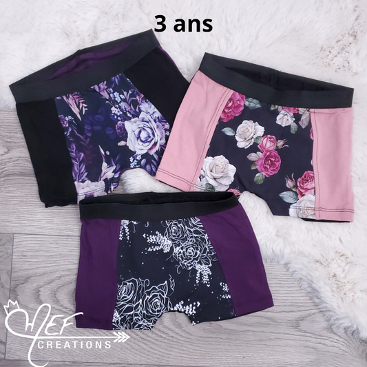 Sous-vêtements filles, boxers 3 ans, lot de 3, prêt-à-partir : fleuris mauve, fleuris rosé, fleuris mef
