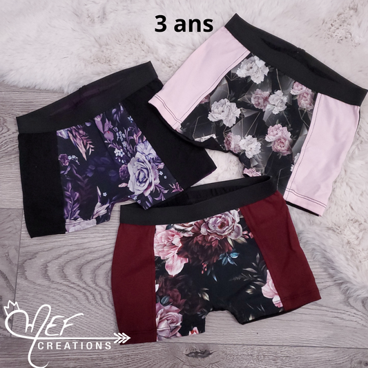 Sous-vêtements filles, boxers 3 ans, lot de 3, prêt-à-partir : fleuris géométrique, fleuris mauve, fleuris plage