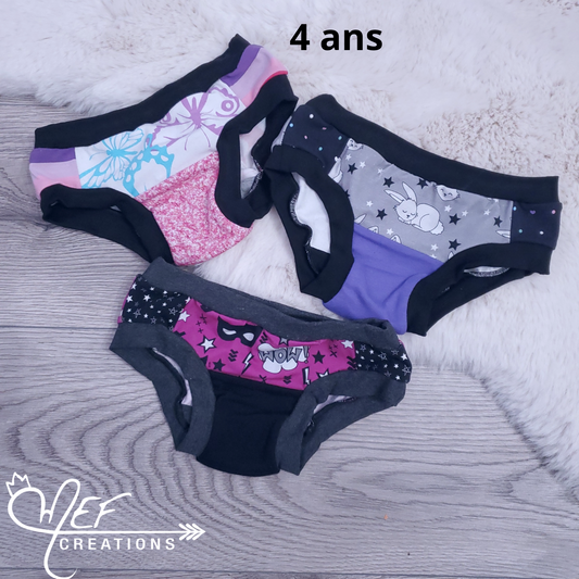 Culottes fille 4 ans, lot de 3, prêt-à-partir : papillon, lapin, superhero