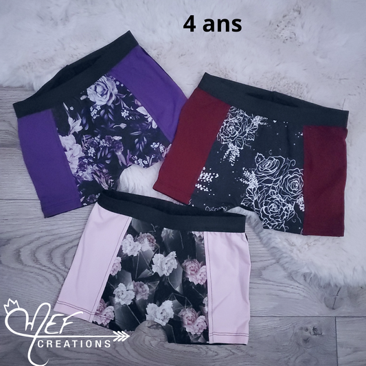 Boxers fille 4 ans, lot de 3, prêt-à-partir :  fleuris mauve, fleuris mef, fleuris géométrique