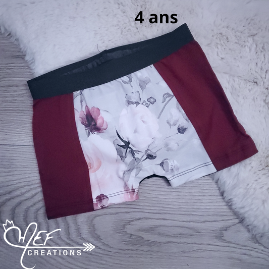 Boxer fille enfant 4 ans, prêt-à-partir, fleuris gris et bourgogne version 2