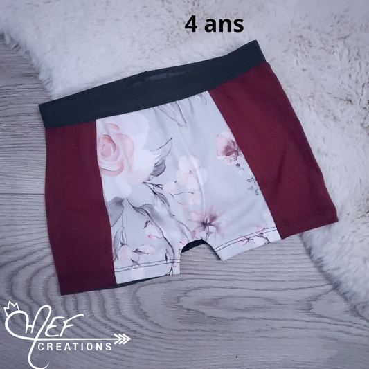 Boxer fille enfant 4 ans, prêt-à-partir, fleuris gris et bourgogne