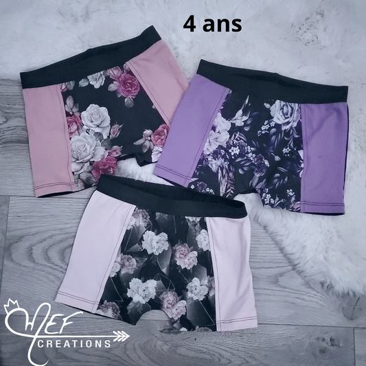 Boxers fille 4 ans, lot de 3, prêt-à-partir :  fleuris rosé, fleuris mauve, fleuris géométrique