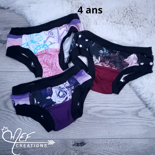 Culottes fille 4 ans, lot de 3, prêt-à-partir : papillon, fleueis plahe, fleuris mauve