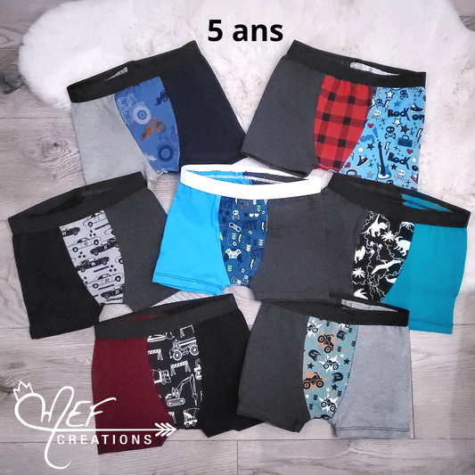 Boxers enfants 5 ans, lot de 7, prêt-à-partir : trateur mef, guitares mef, voiture mef, jeux vidéo, dinosaures aqua, camions constructions, et 4 roues