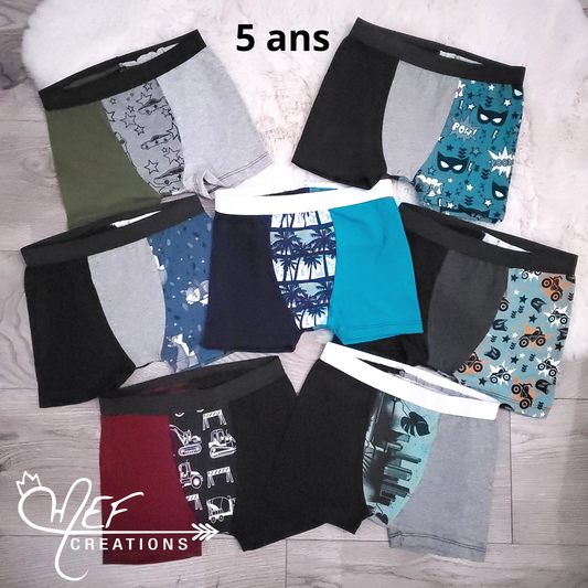 Boxers enfants 5 ans, lot de 7, prêt-à-partir : voiture et kaki, superhero mef, renard mef, palmier, 4 roues, camions mef et jungles