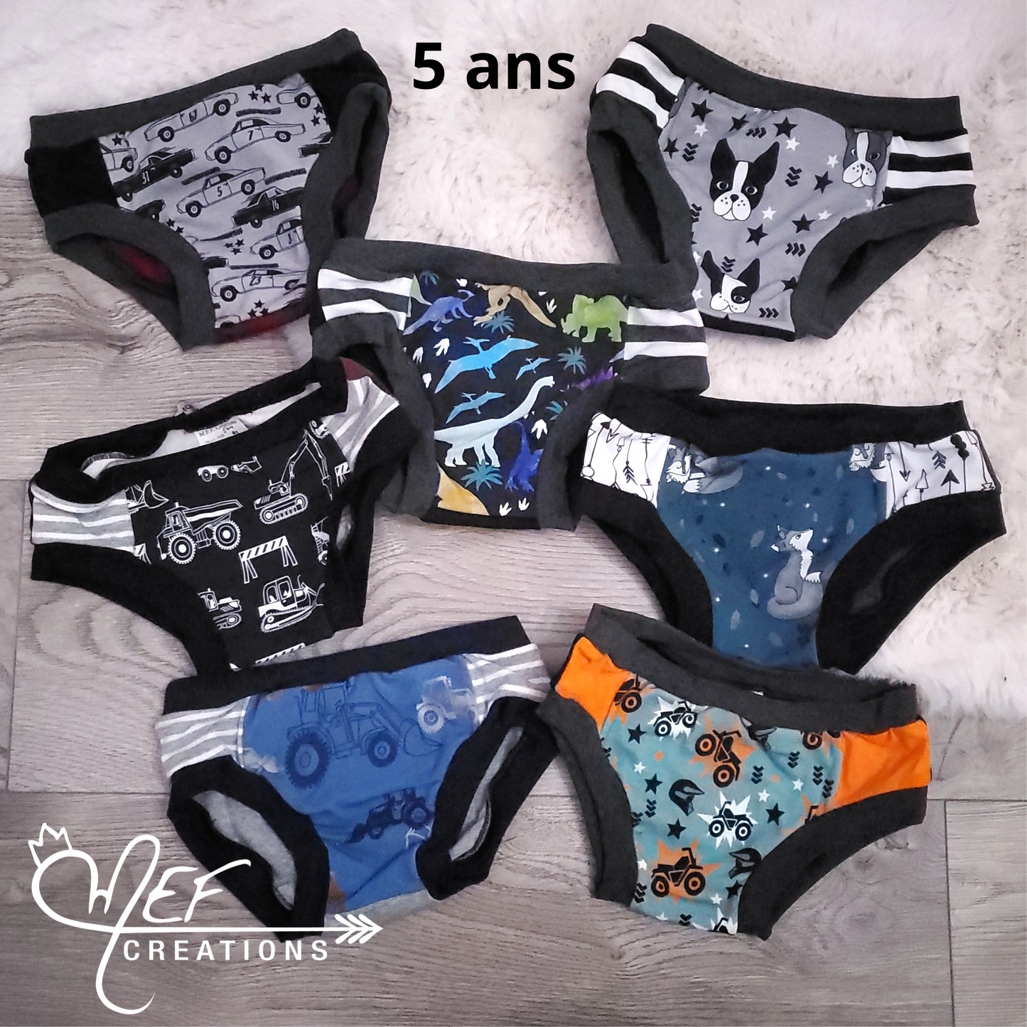 Boxers enfants 5 ans, lot de 7, prêt-à-partir : voiture, chiens, camions constructions, dinosaures colorés, renard, tracteur marine, 4 roues