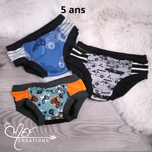 Culottes enfants 5 ans, lot de 3, prêt-à-partir : tracteurs marine, voiture mef, 4 roues