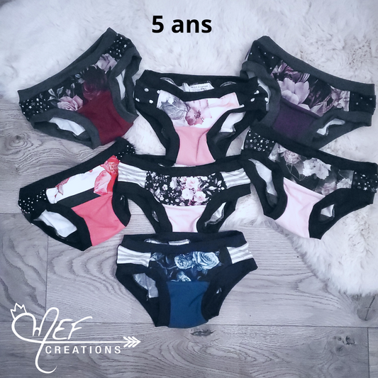 Culottes fille 5 ans, lot de 7, prêt-à-partir : fleuris bourgogne, fleuris gris, ancien fleuris mauve, fleuris rayé, mini fleurid, fleuris géométrique, fleurine marine