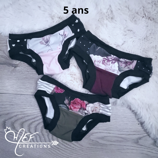Culottes  fille 5 ans, lot de 3, prêt-à-partir : fleuris gris, gros fleuris, fleuris rosé