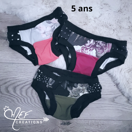 Culottes  fille 5 ans, lot de 3, prêt-à-partir : fleuris gris, gros fleurid, fleuris khaki