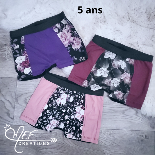 Boxers fille 5 ans, lot de 3, prêt-à-partir : fleuris mauve, fleuris géométrique et mini fleuris