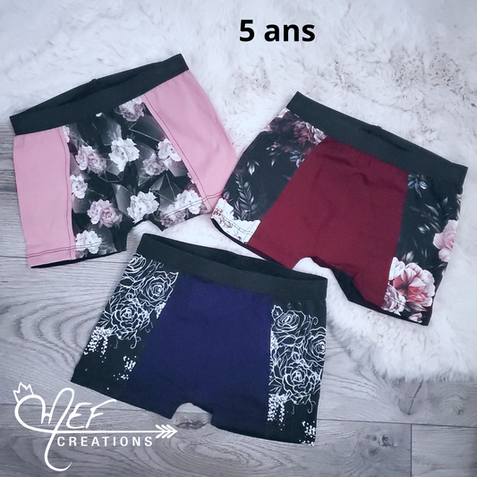 Boxers fille 5 ans, lot de 3, prêt-à-partir : fleuris géométrique, fleuris plage, fleuris mef