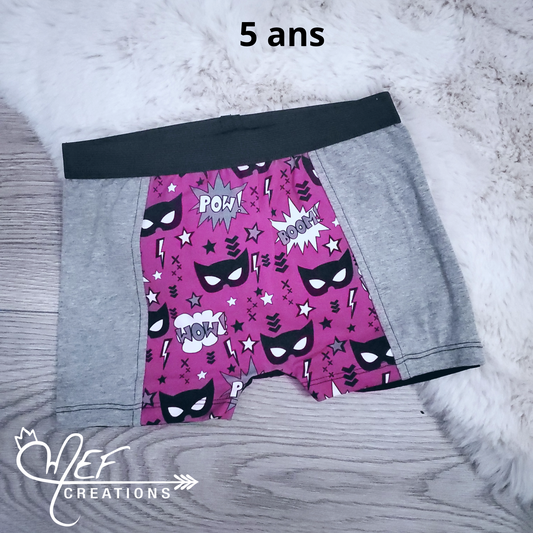Boxer enfant 5 ans, prêt-à-partir, superhéro et gris chiné