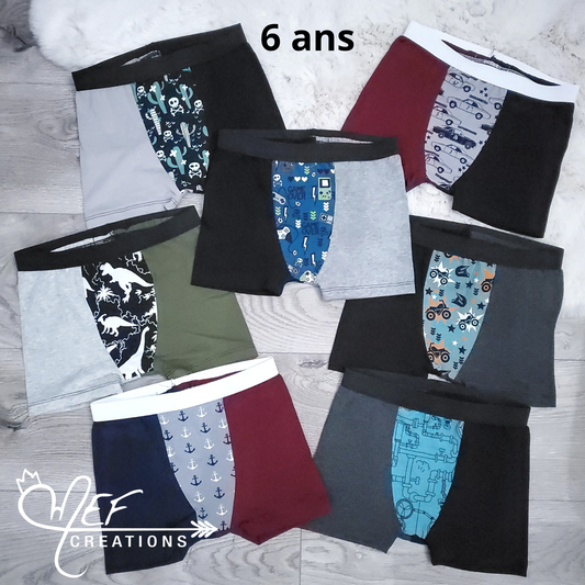 Boxers enfants 6 ans, lot de 7, prêt-à-partir : cactus, jeux vidéo, voiture, dinosaures, 4 roues, ancres, tuyaux