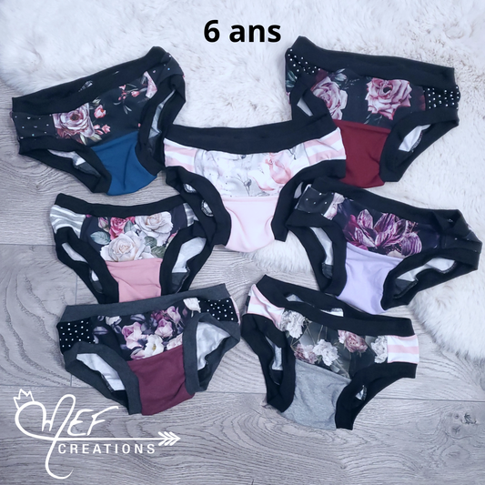 Culottes fille 6 ans, lot de 7, prêt-à-partir ; fleuris plage, fleiris bourgogne, fleuris gris, fleuris rosé, fleuris mauve romantique, fleuris mauvr, fleuris géométrique