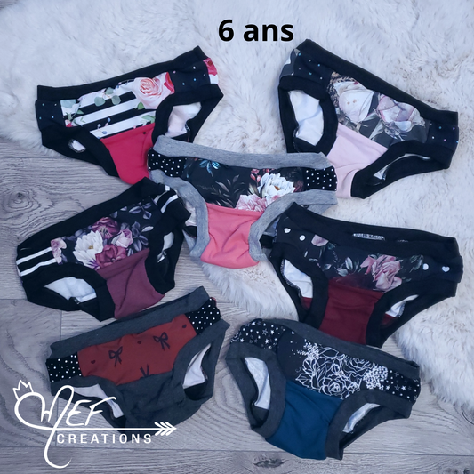 Culottes fille 6 ans, lot de 7, prêt-à-partir ; fleuris rayé, gros fleuris, fleuris plage, fleuris mauve, fleuris bourgogne, boucles et fleuris mef