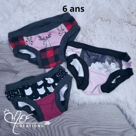 Culottes enfants 6 ans, lot de 3, prêt-à-partir : cerf, gros fleuris, chat