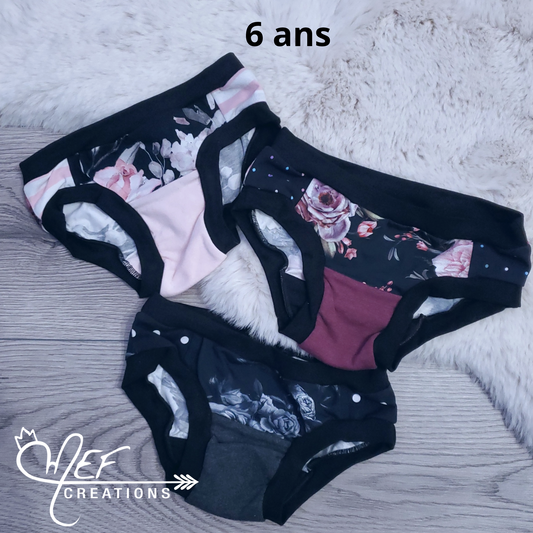 Culottes enfants 6 ans, lot de 3, prêt-à-partir : fleuris rose, fleuris plage, fleuris noir