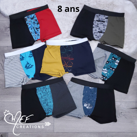Boxers enfants 8 ans, lot de 7,prêt-à-partir : guitare, voiture, bateau, requin, superhéro, tuyau et renard