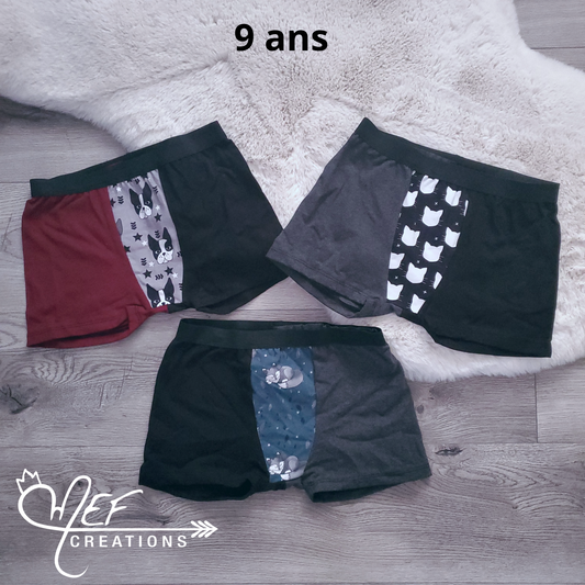 Boxers enfants 9 ans, lot de 3, prêt-à-partir : chien, chat, renard dodo