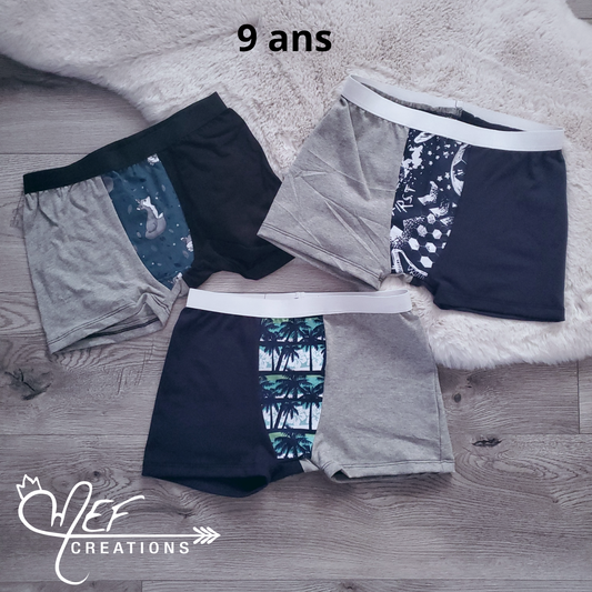 Boxers enfants 9 ans, lot de 3, prêt-à-partir : renard assis, soccer marine et palmiers